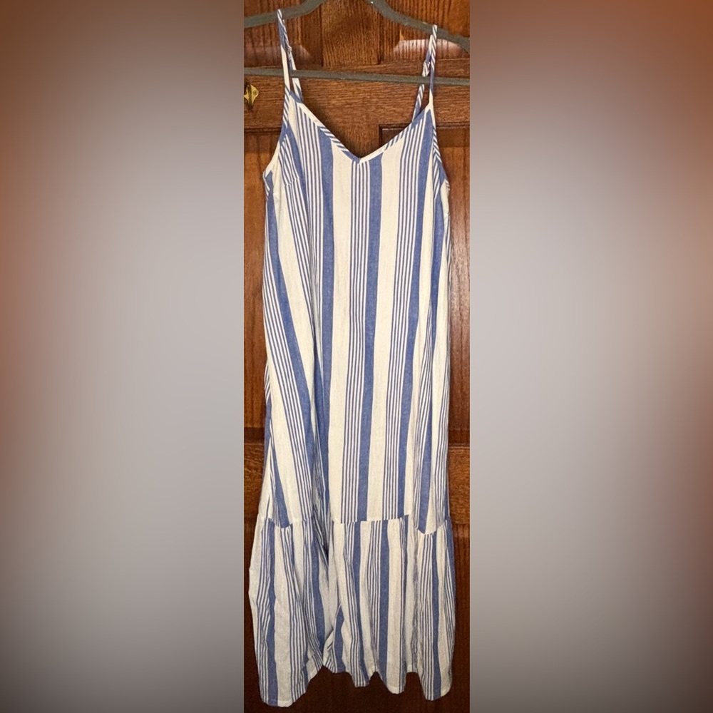 J Crew Blue Striped Linen Look 100% Cotton Ruffle Sundress Size XS